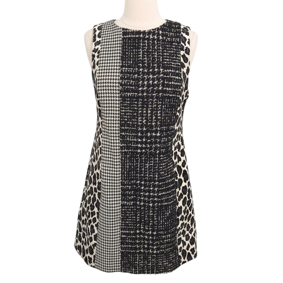 Alice & Olivia Black Ivory Leopard Boucle Tweed Clyde Sleeveless Sheath Dress - Picture 1 of 8
